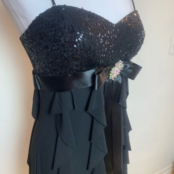 Vintage Cache Black Sequins Ruffled Spaghetti Straps Dress Size 8 Rhinestone - Picture 9 of 14